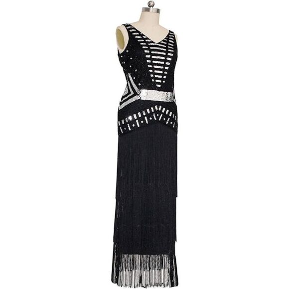 ✨🖤 Flapper Great Gatsby 1920s Retro Tassel Fringe Sequin Black Dress SIZE M NWT - Picture 7 of 17